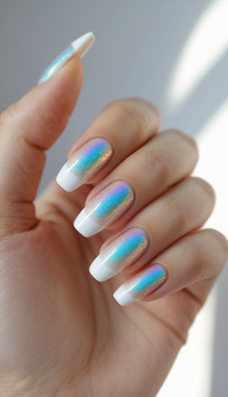 Close-up of nails featuring a holo nail art idea where white French tips meet a rainbow-reflective base on a hand in daylight.