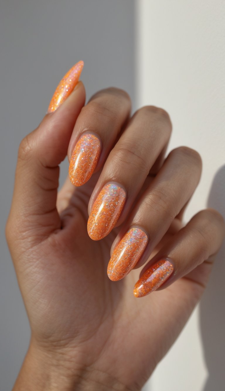 Close-up of a hand with holo nail art idea, painted in bright orange and covered in rainbow glitters that shimmer in natural light.