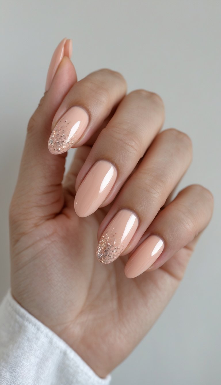 Manicure styled in a glazed nail art idea with smooth peachy-nude polish and scattered glitter on the tips of two accent nails.