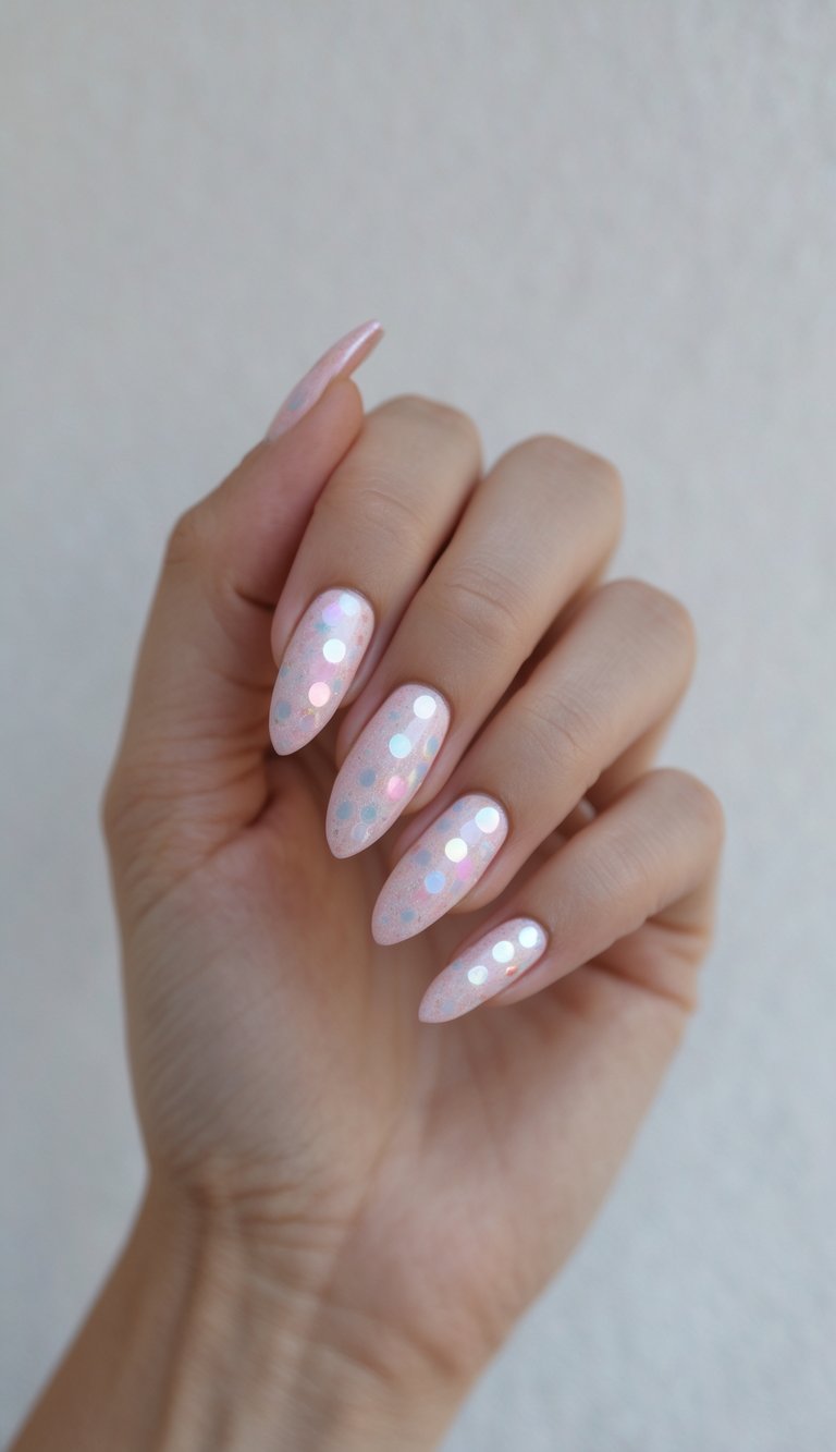 Holo nail art idea with a pale pink shimmer base and scattered holographic polka dots creating a fun and light-reflective design.