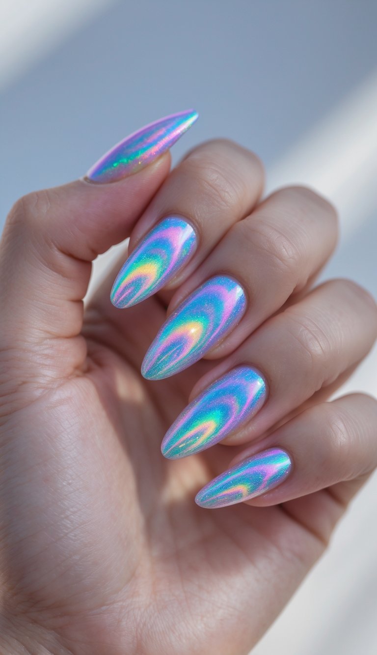 Bold holographic swirl holo nail art idea with vibrant rainbow illusions on pointed almond nails.