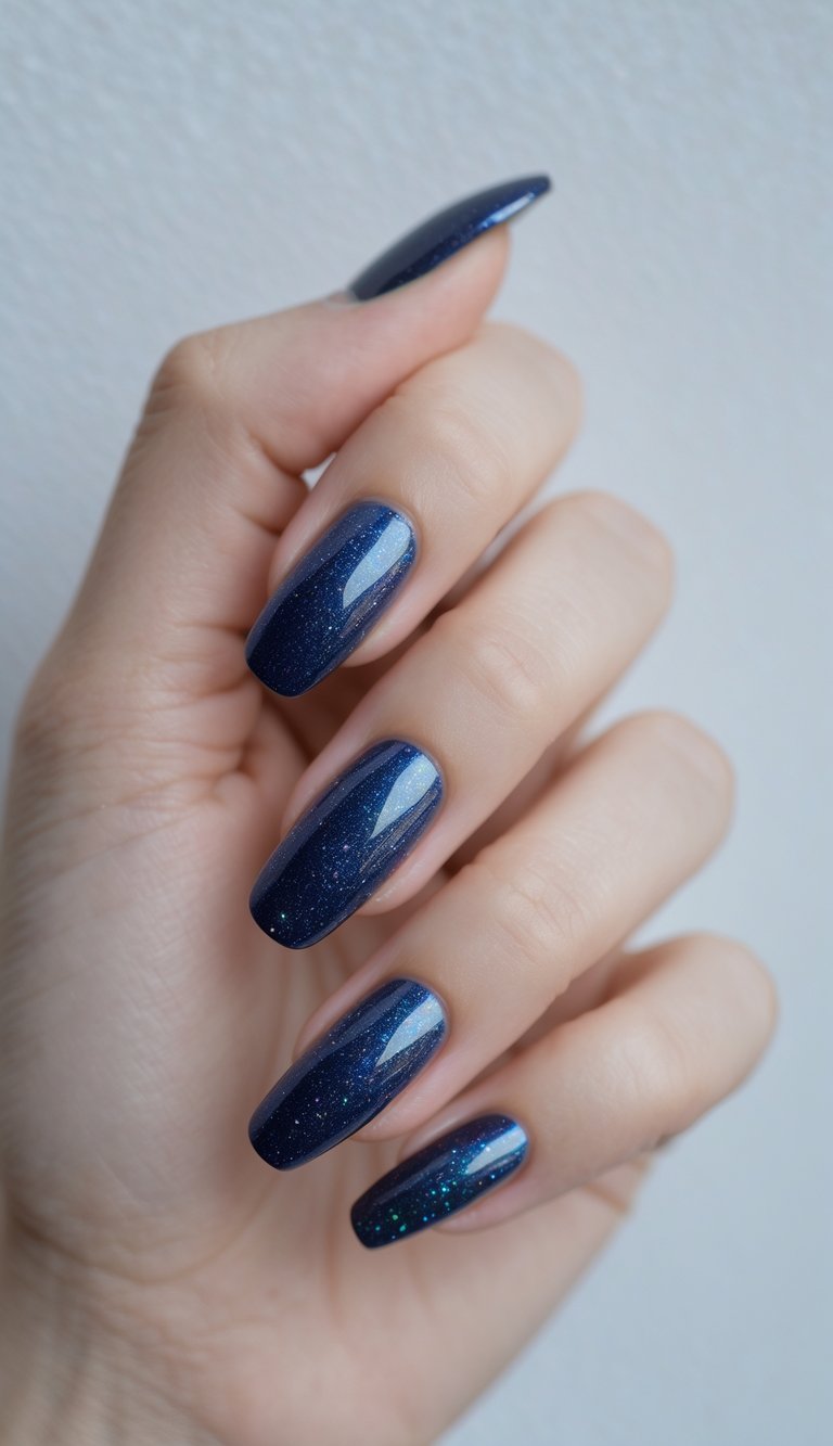 Hand with long square-shaped nails featuring a rich navy holo nail art idea with shimmering flecks of light.