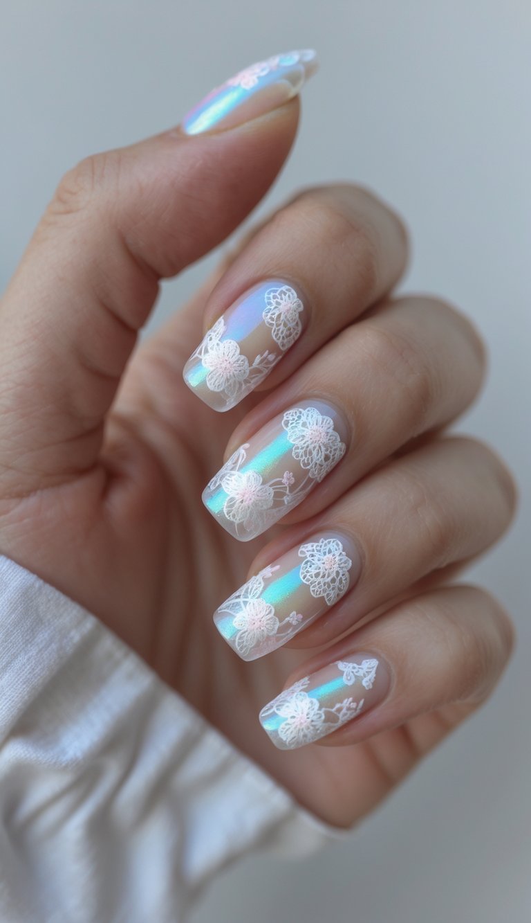 Soft holographic nail art idea featuring white lace-like floral patterns on a pastel chrome base with a glowing, ethereal finish.