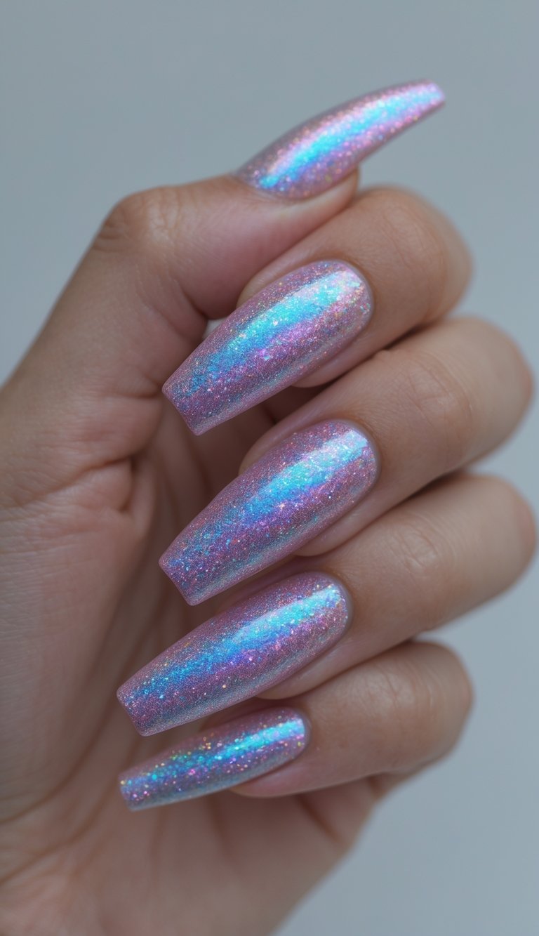 Glittery holo nail art idea with long pastel nails in shimmering pink and blue tones, designed for maximum reflective shine.