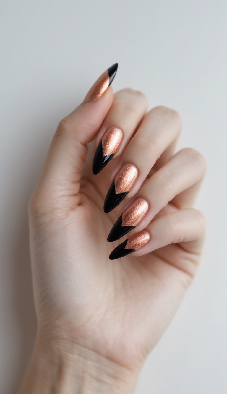 Close‑up of a holo nail art idea featuring long almond nails with copper shimmer base and bold glossy black tips in a V‑shaped design.