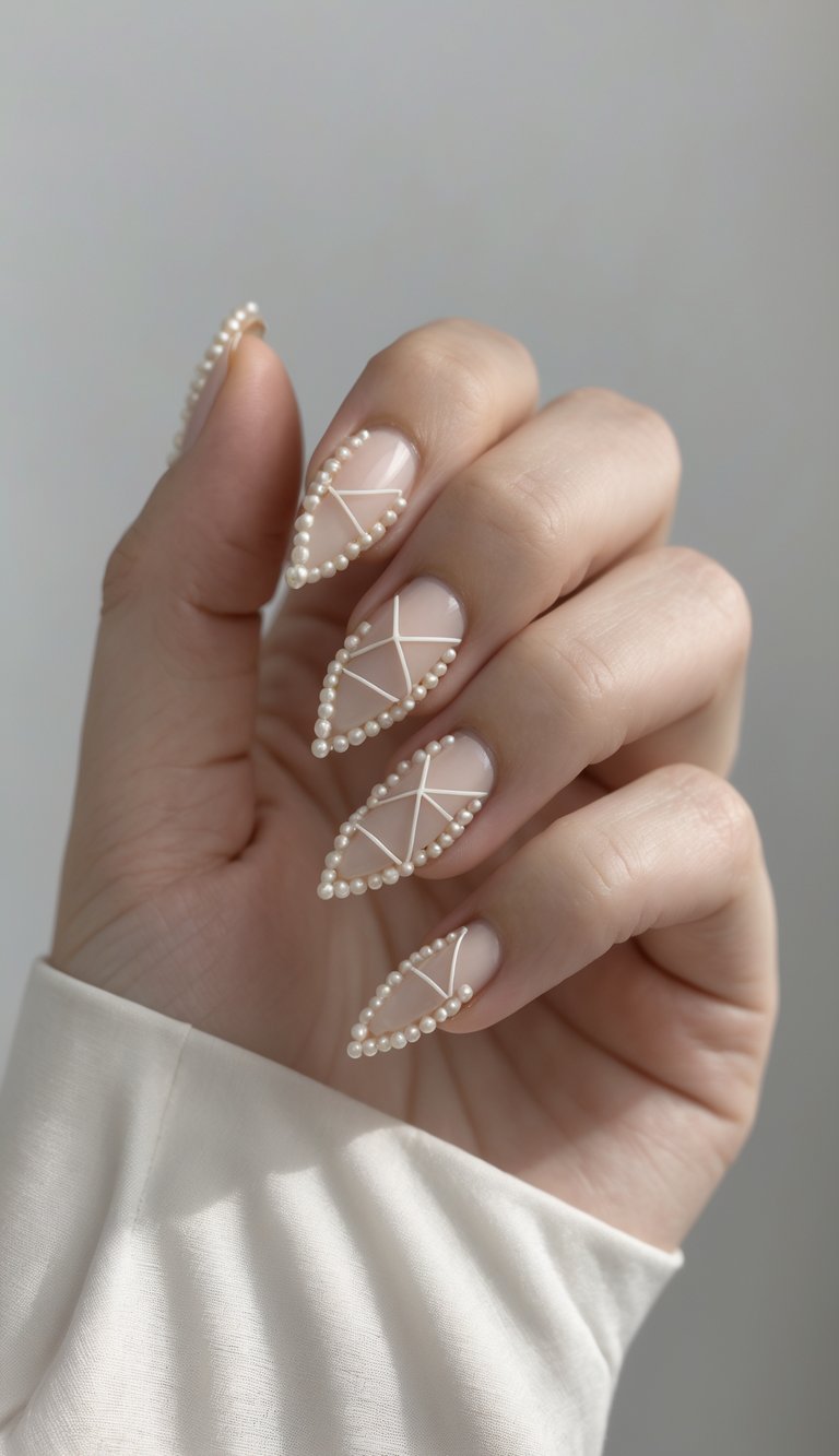 Hand in soft white sleeve showing pointed nude nails with pearl-lined edges and intersecting white lines—capturing a bold editorial pearl nail art idea.