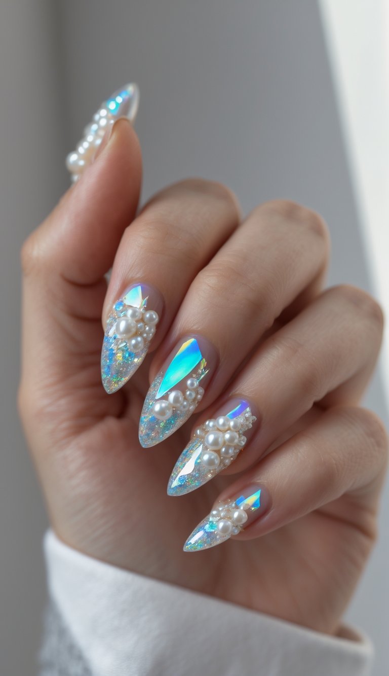 Close-up of fingers with iridescent holographic nails, encrusted with textured pearl designs—showcasing a high-glam pearl nail art idea full of depth and reflection.