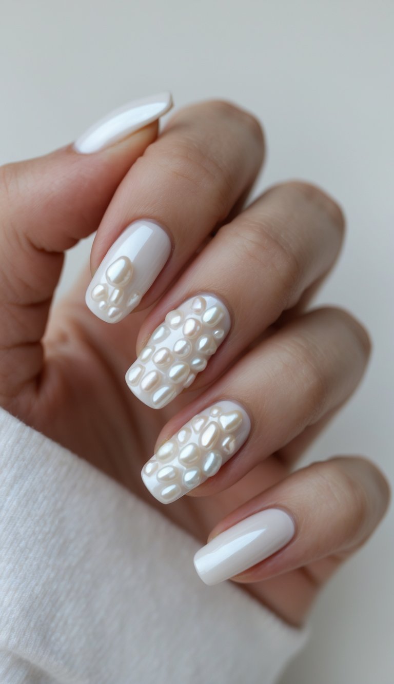 Close-up of a hand with glossy white polish and oversized pearls clustered on two nails, showing a bold pearl nail art idea that’s simple but eye-catching.