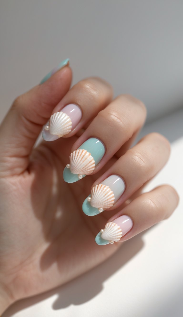 Editorial-style image of a hand showcasing a glossy pearl nail art idea with seashell shapes and pearls layered on seafoam and pink nail bases.