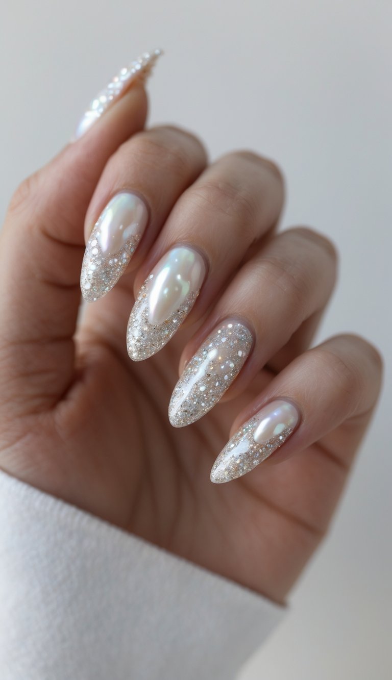 A hand held up close with long pearl-themed nails, featuring fine glitter tips fading into a glossy, iridescent polish that glows softly.