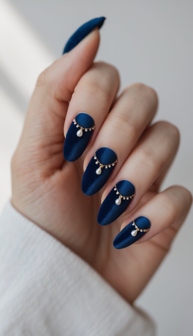 A feminine hand featuring matte deep blue nails, each nail decorated with fine gold chain details and a small pearl charm—an opulent pearl nail art idea.
