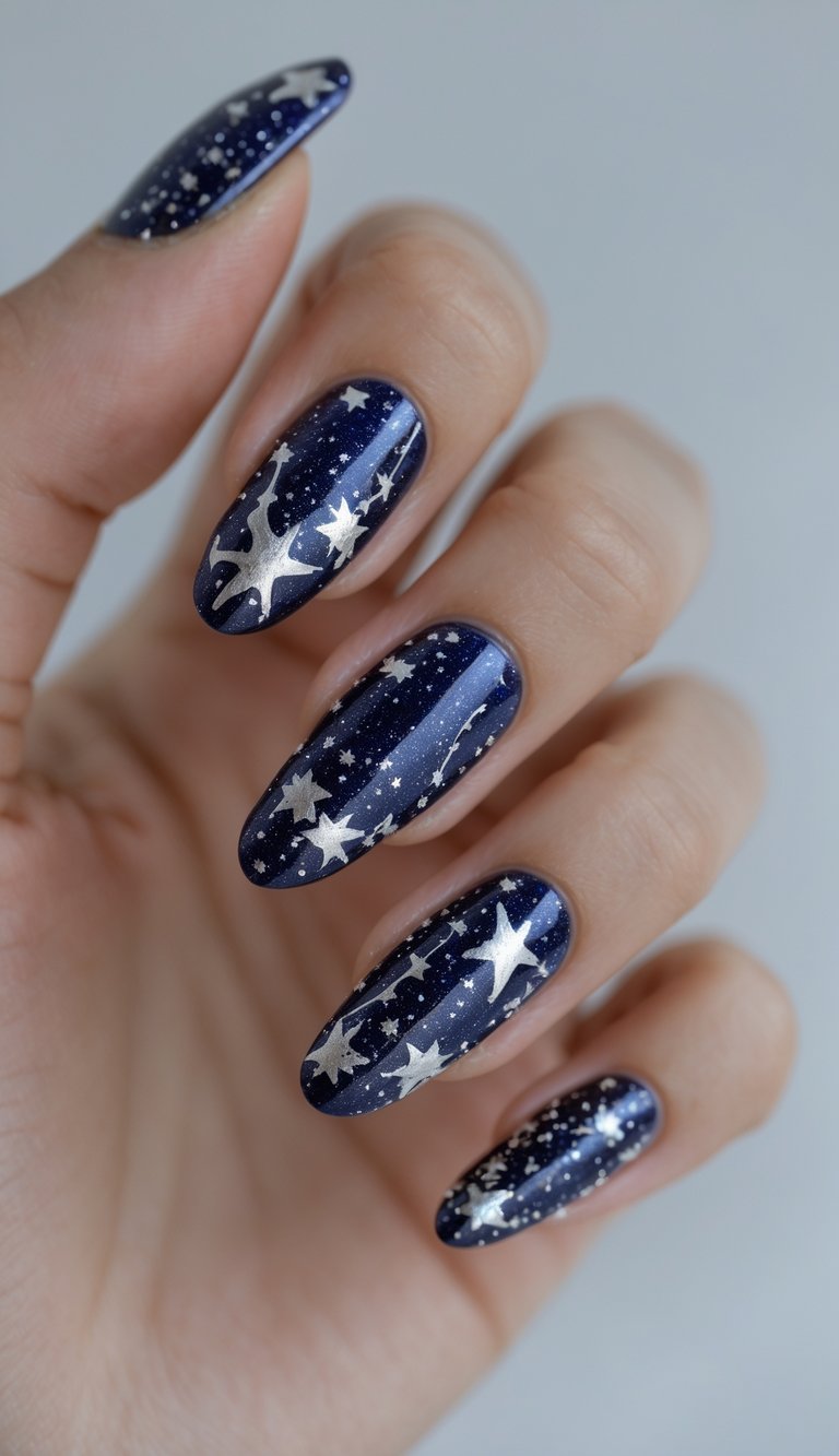 Close-up of a hand showcasing a foil nail art idea with navy polish and delicate silver foil stars arranged like constellations across each nail.