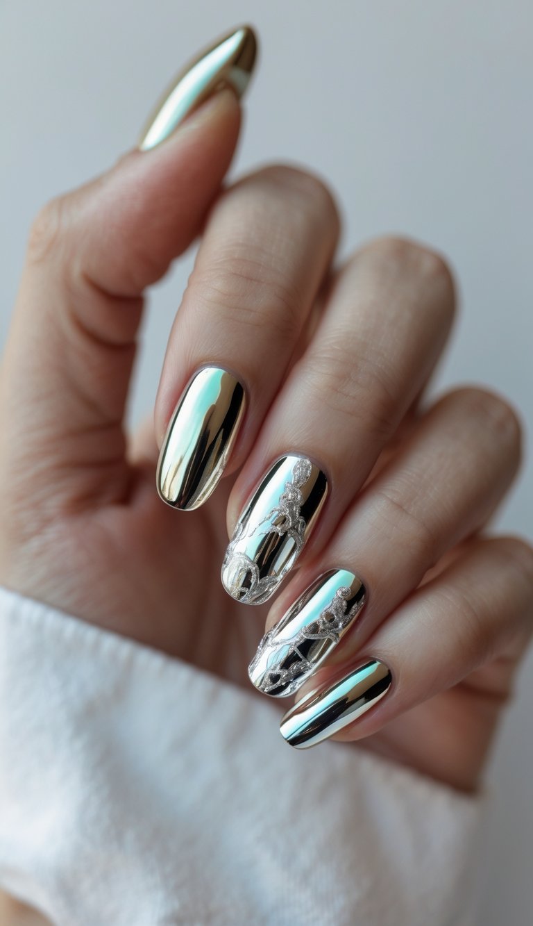 Close-up of a hand displaying a foil nail art idea using gold chrome polish and raised silver foil patterns resembling ornate baroque carvings.
