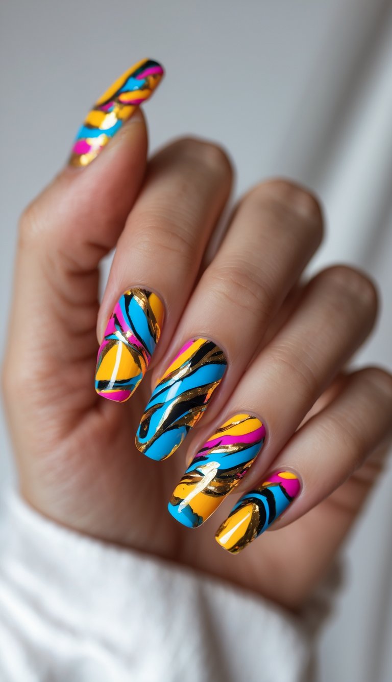 Close-up of a hand showing a foil nail art idea with energetic swirl designs in bright orange, blue, pink, black, and metallic gold foil lines.