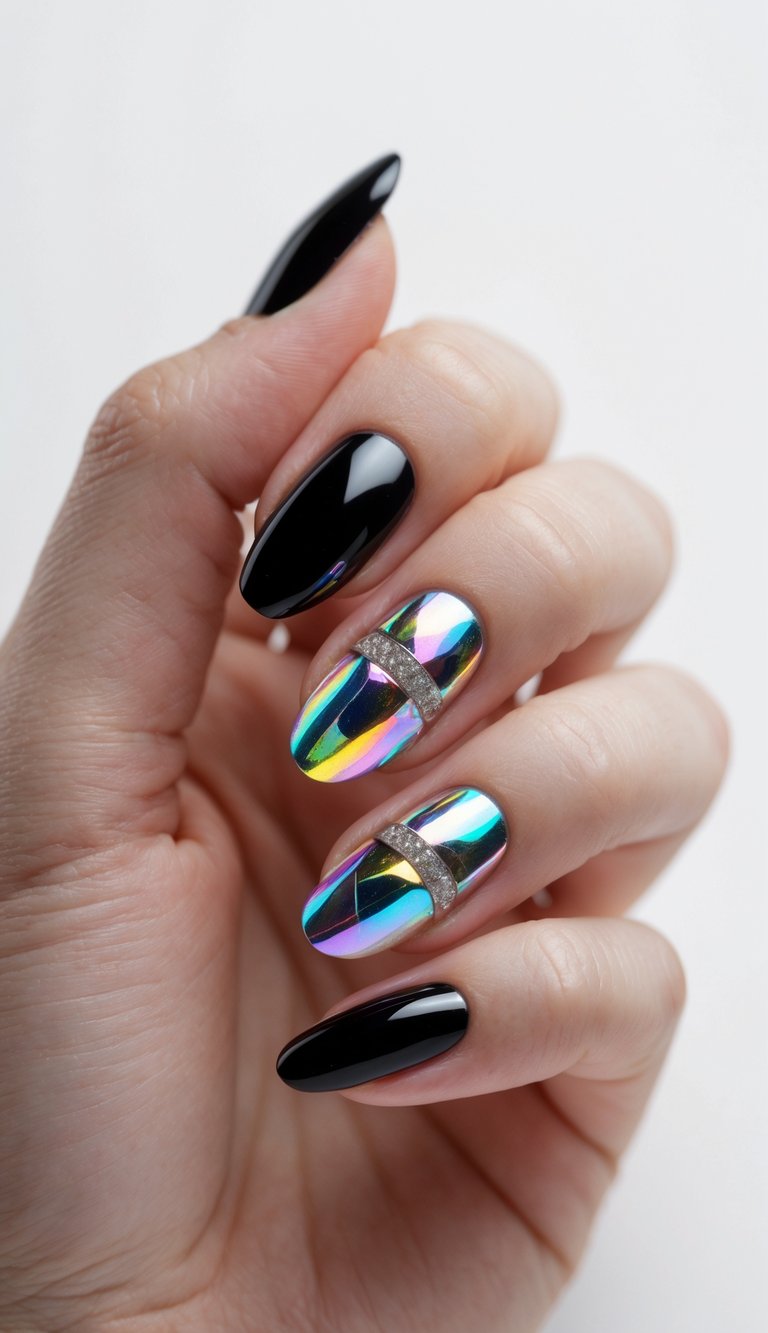 Hand with a foil nail art idea featuring two rainbow chrome foil nails split by glittery stripes and surrounded by high-gloss black almond nails.