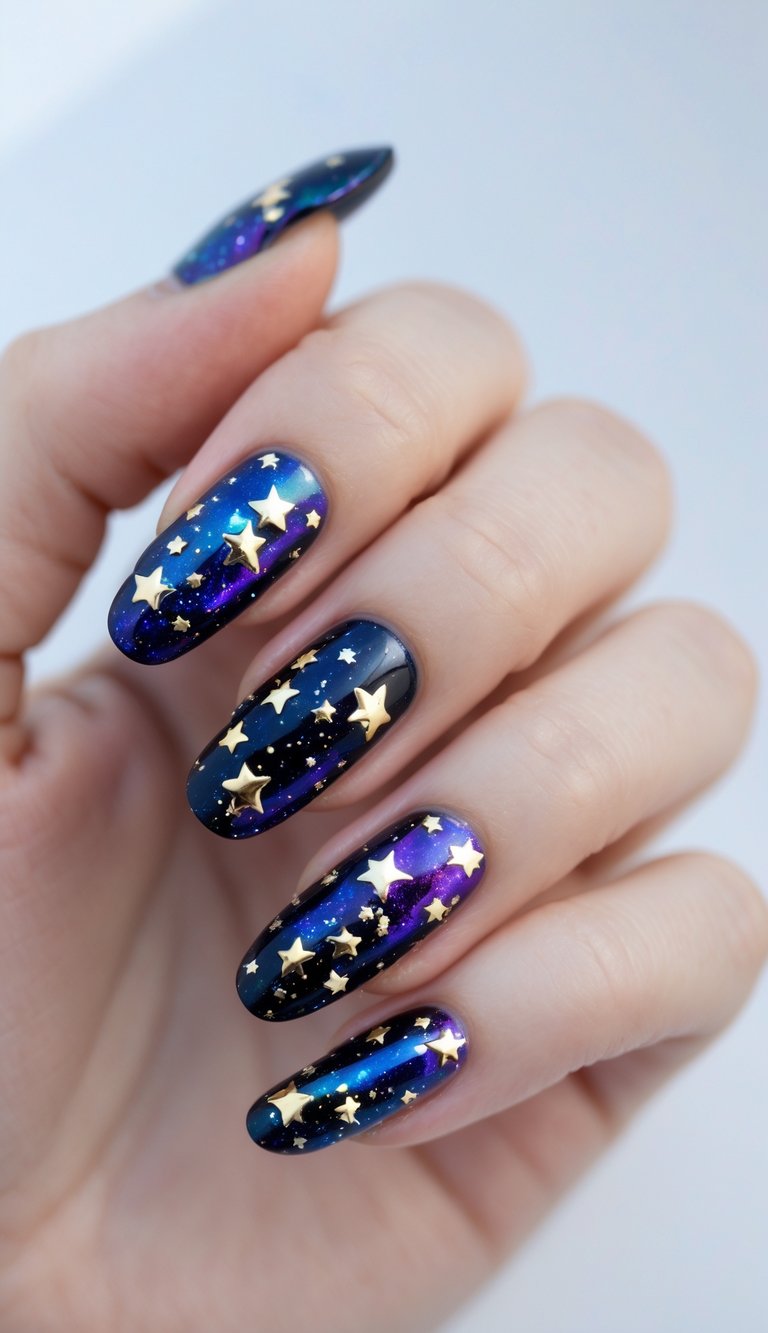 On a softly posed hand, almond-shaped nails feature a deep ombré base with floating metallic stars, a cosmic foil nail art idea in rich jewel tones.
