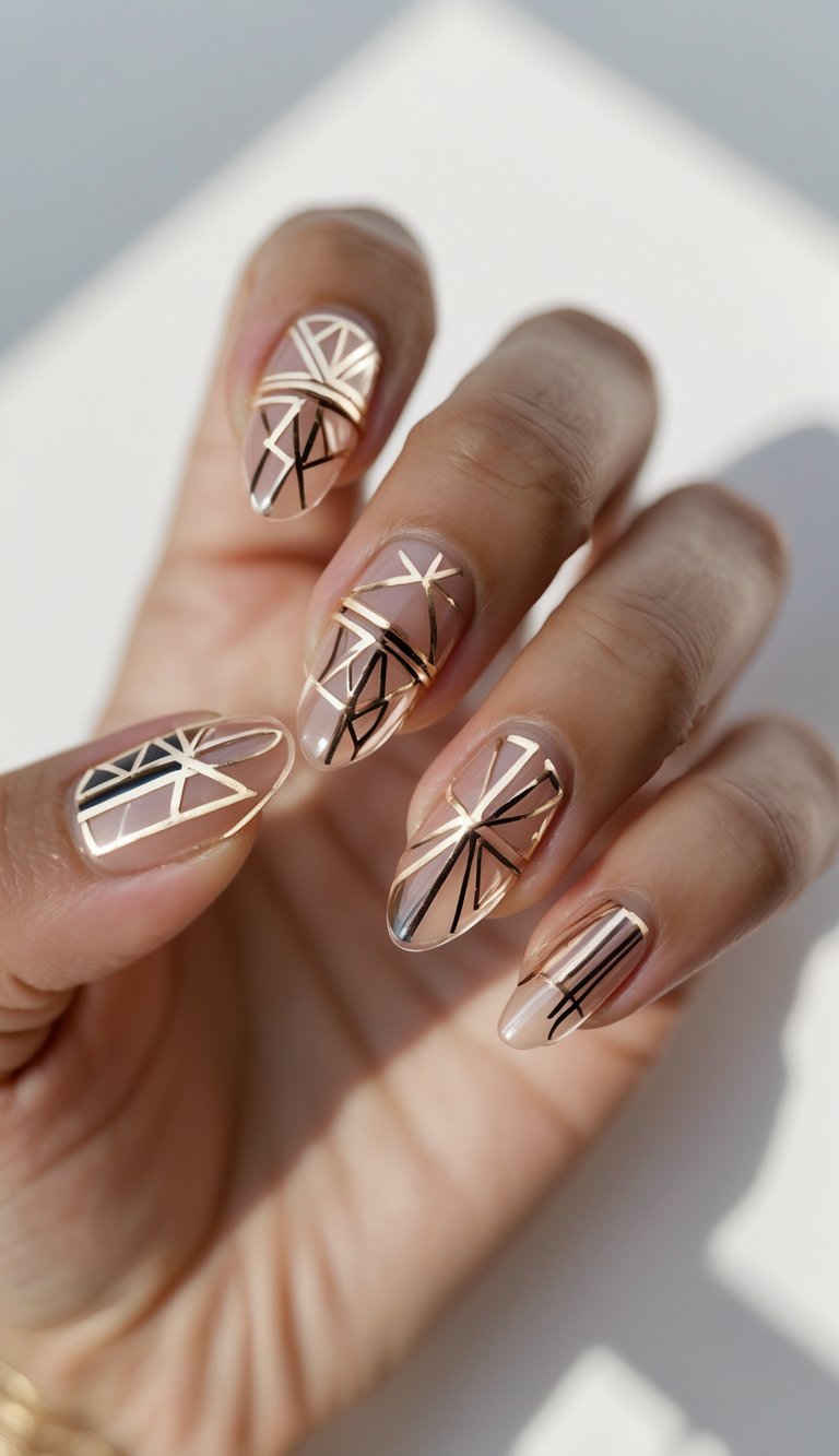 A close-up of a hand with nude nails featuring sharp gold foil lines and black accents, showcasing a foil nail art idea with art deco flair.