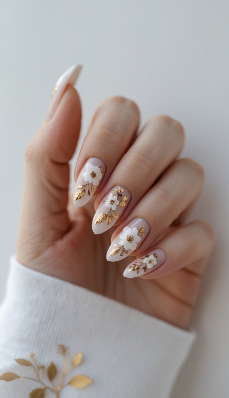 Close-up of a hand featuring blush-toned nails adorned with intricate white flowers and metallic gold foil leaves, a storybook-style foil nail art idea.