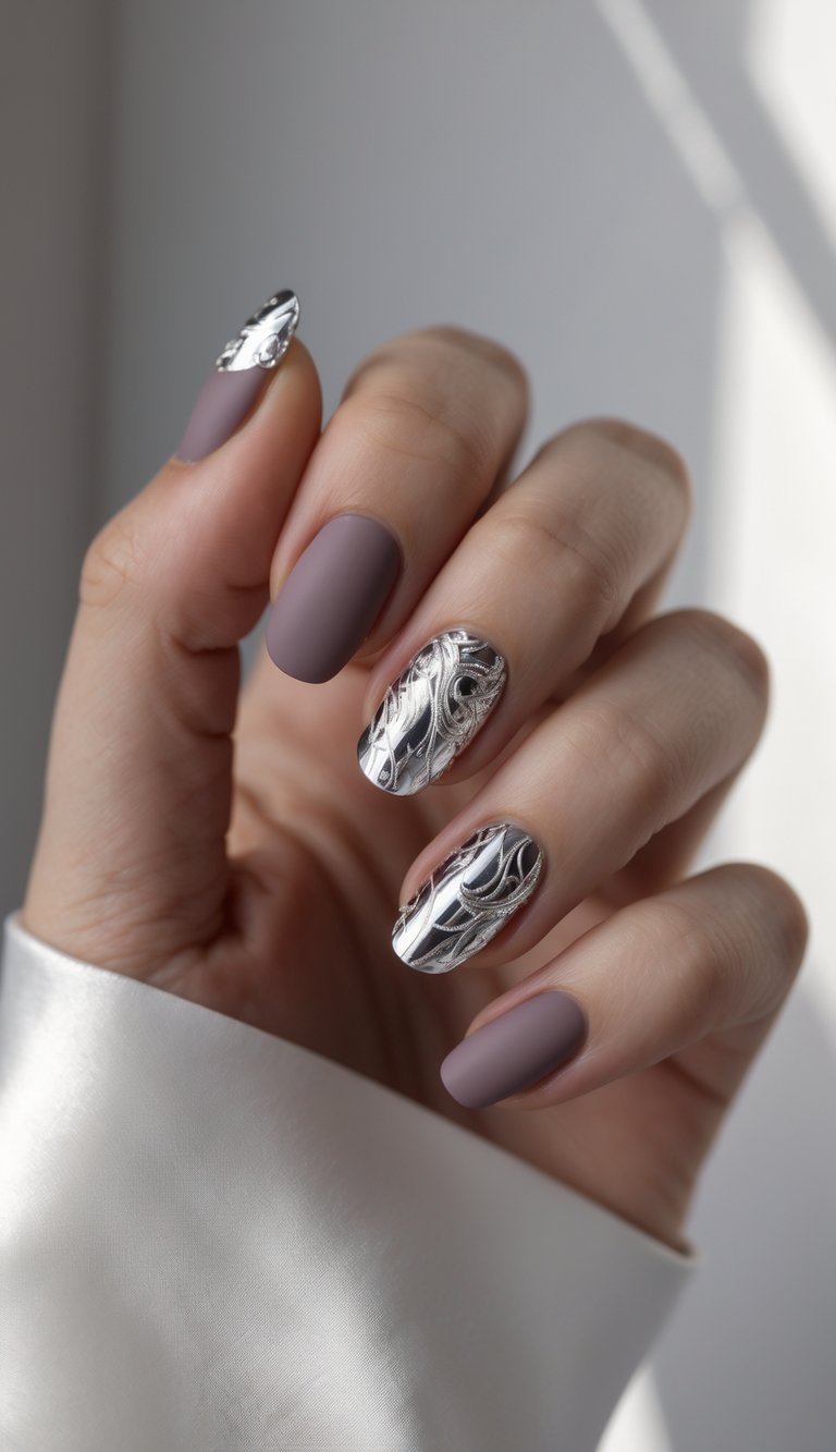 A woman's hand with mauve matte nails and silver chrome swirl foil accents on the middle fingers, styled for a high-contrast foil nail art idea.