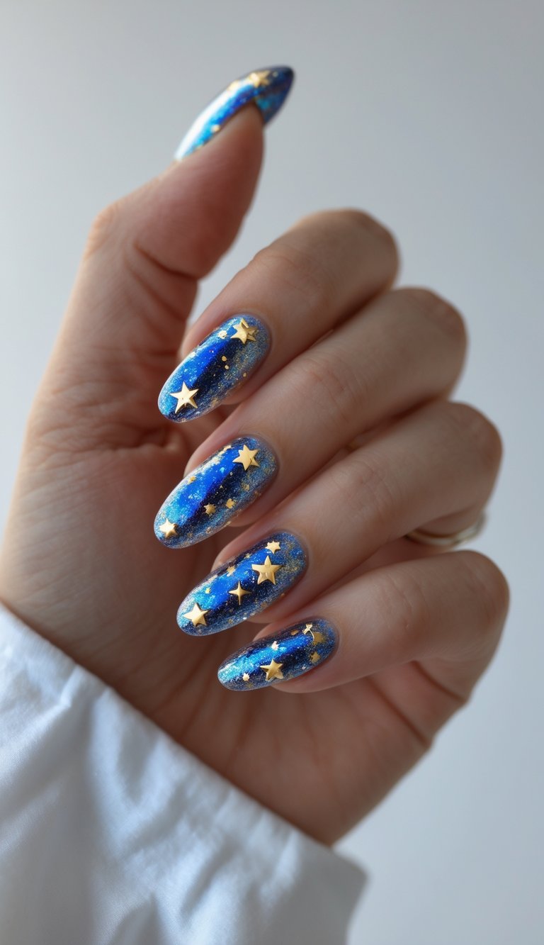 Close-up of a hand showcasing foil nail art idea with galaxy-inspired blue foil and dimensional gold star accents over oval-shaped nails.