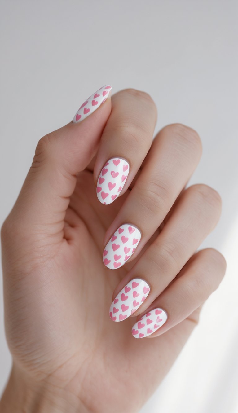 Hearts nail art idea with soft pink hearts patterned across a matte white base on almond-shaped nails, styled with a playful and romantic finish