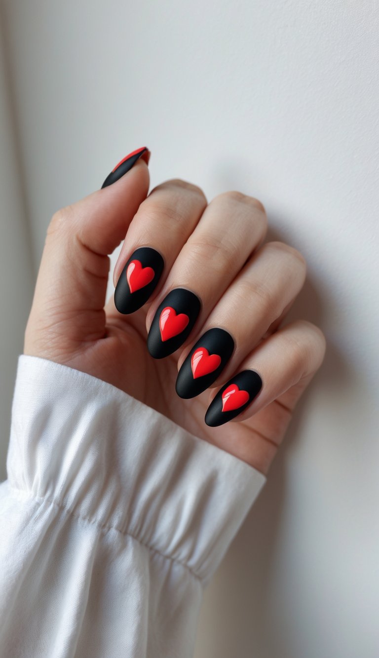 Hearts nail art idea showing red high-gloss hearts on a matte black background, giving a daring, edgy look across long almond-shaped nails