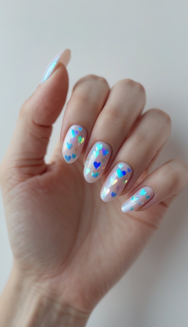 Close-up of sheer nude nails with shiny holographic heart decals scattered across each tip, showcasing a hearts nail art idea for Valentine’s