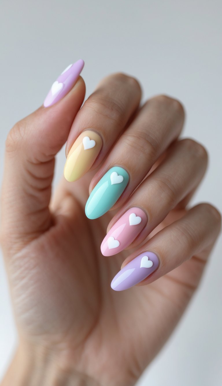 Pastel nails with glossy finish and small white hearts on each tip, a soft hearts nail art idea for Valentine’s or early spring dates