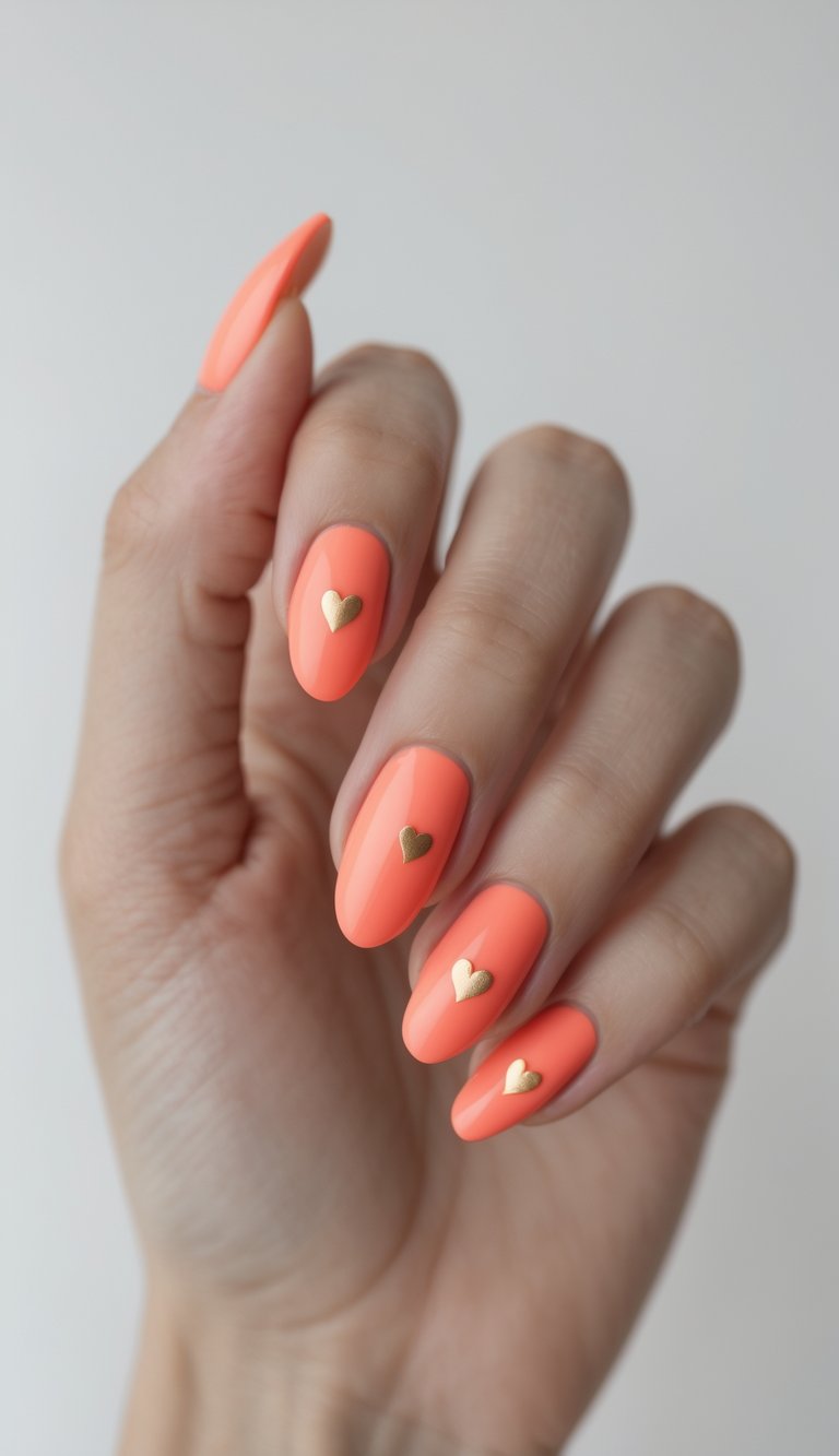 Glossy coral-orange manicure with metallic gold heart decals, a confident hearts nail art idea for date nights or bold Valentine’s glam