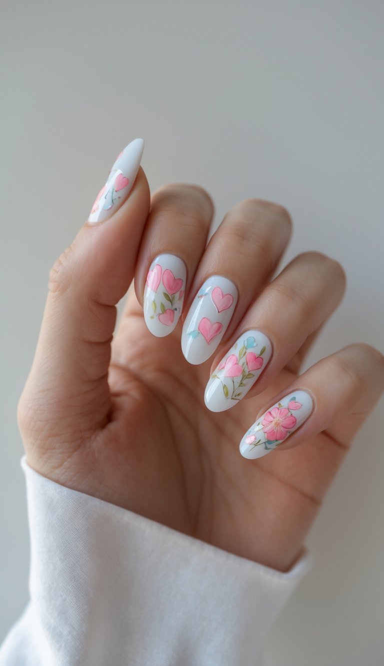 White nails adorned with painted pink hearts and delicate floral accents, a hearts nail art idea perfect for romantic outings or Valentine’s Day
