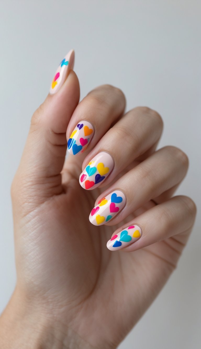 Blush pink nails covered in bright rainbow hearts, showcasing a playful and colorful hearts nail art idea perfect for Valentine’s Day fun