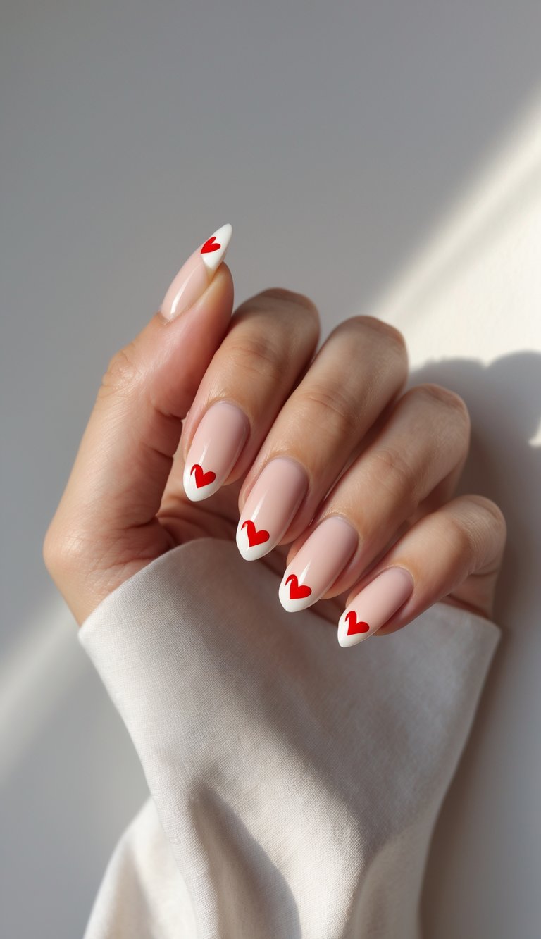 Nude nails with crisp white French tips and centered red heart accents, showcasing a minimalist hearts nail art idea for Valentine’s Day