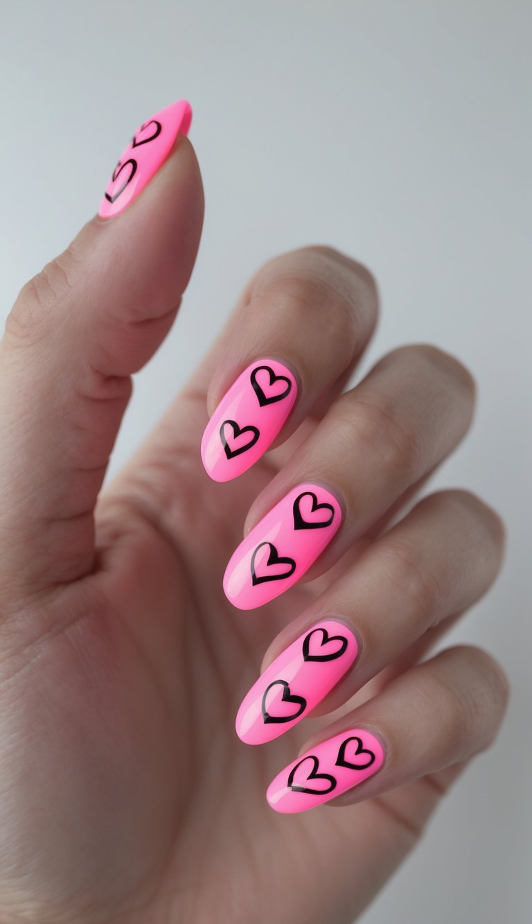 Almond-shaped hot pink nails with sleek black heart outlines, offering a daring yet romantic hearts nail art idea