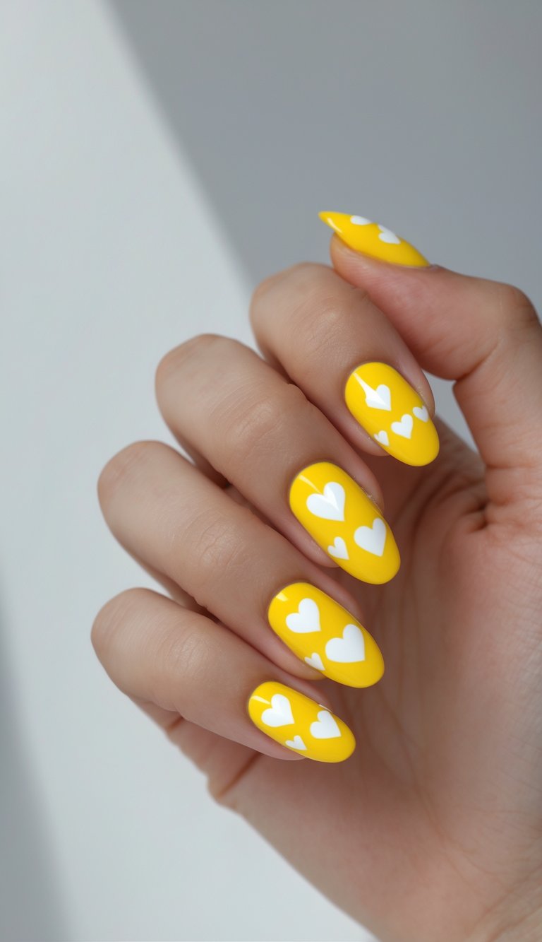 Almond-shaped nails painted yellow with white heart clusters, giving a bold yet romantic twist to the hearts nail art idea