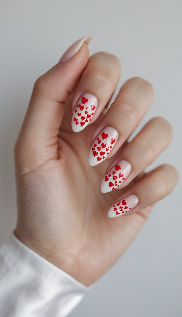Playful nails featuring clustered red hearts over a milky base, a cheerful and fun hearts nail art idea that’s perfect for casual dates