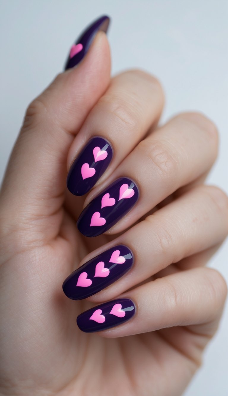 Purple nails layered with playful rows of hot pink hearts, a hearts nail art idea perfect for playful Valentine’s day vibes