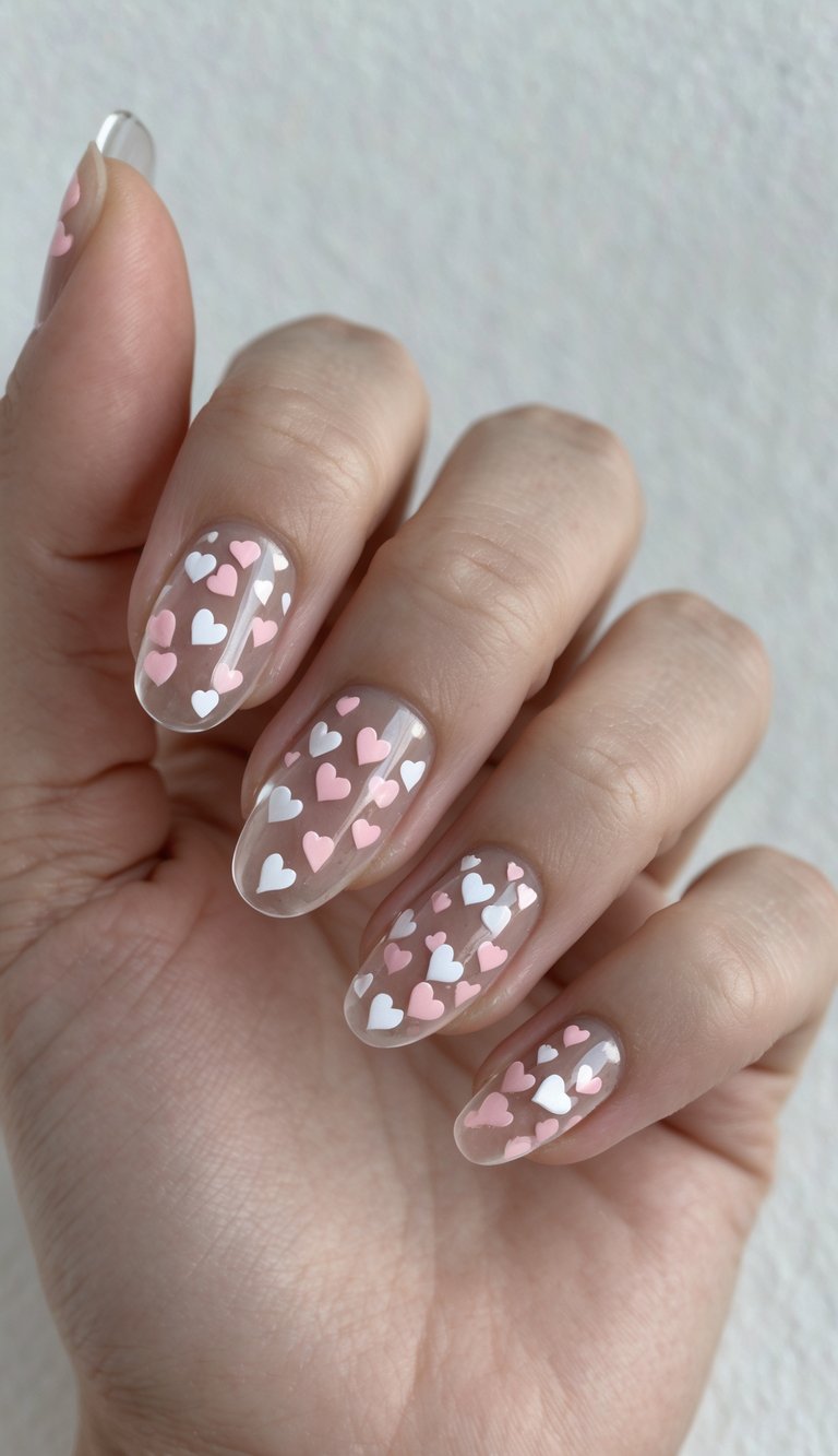 Sheer nude nails adorned with white and pale pink heart patterns, offering a minimal yet romantic hearts nail art idea