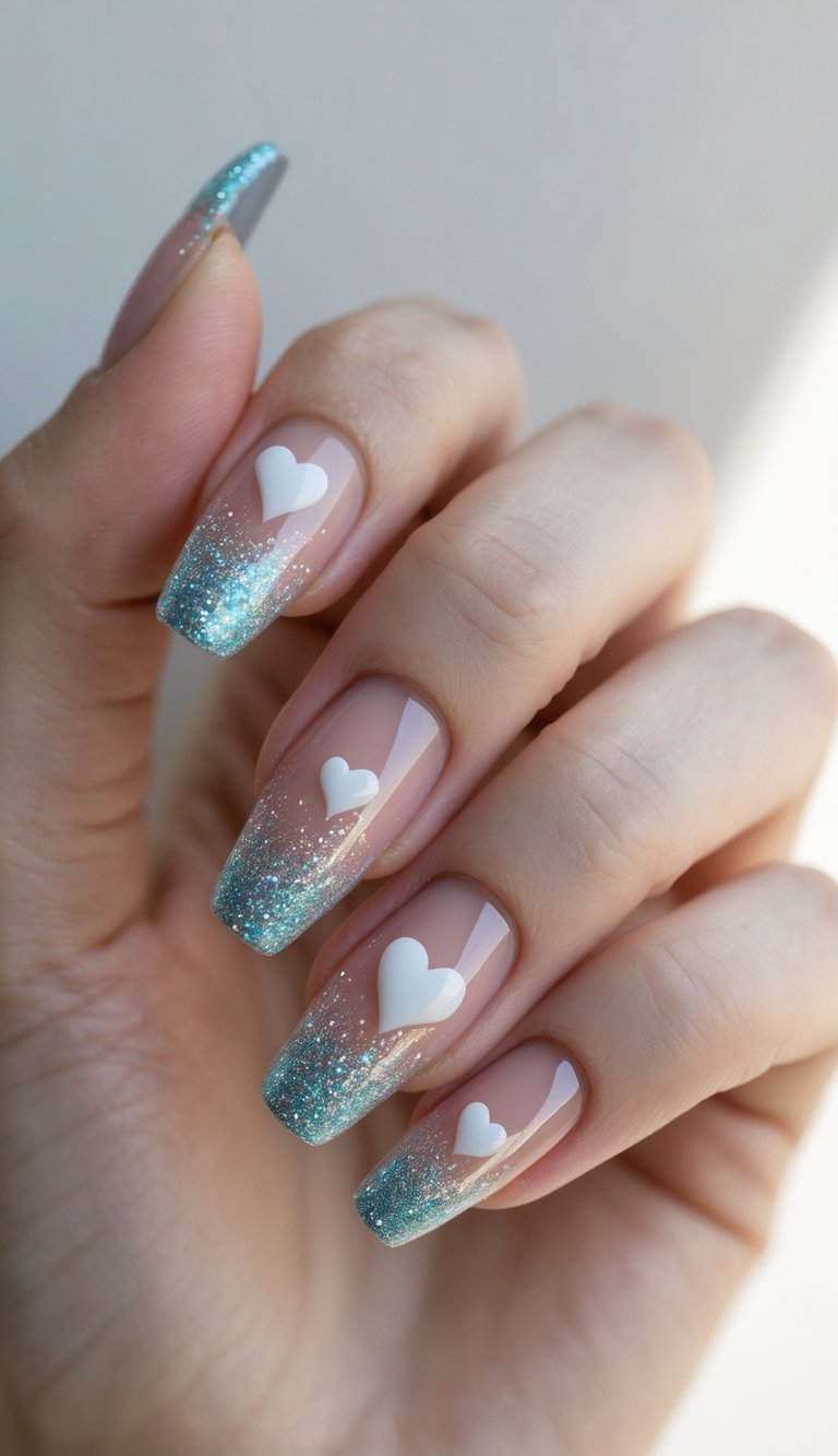 Ombré glitter nails fading into nude with scattered white hearts, a sparkly hearts nail art idea with romantic winter-inspired tones