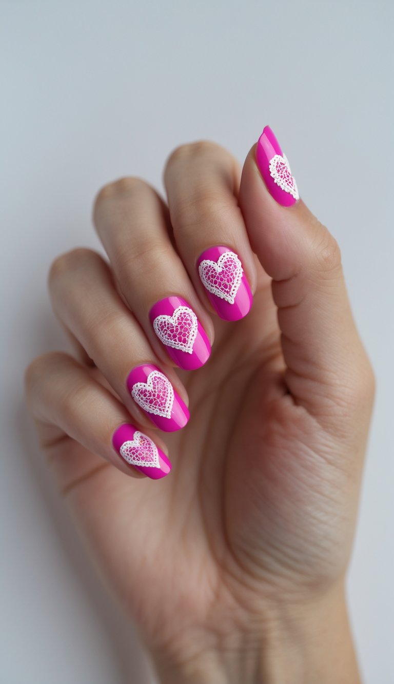 Bright magenta nails with intricate white lace heart motifs, a hearts nail art idea that blends bold color with soft romantic texture