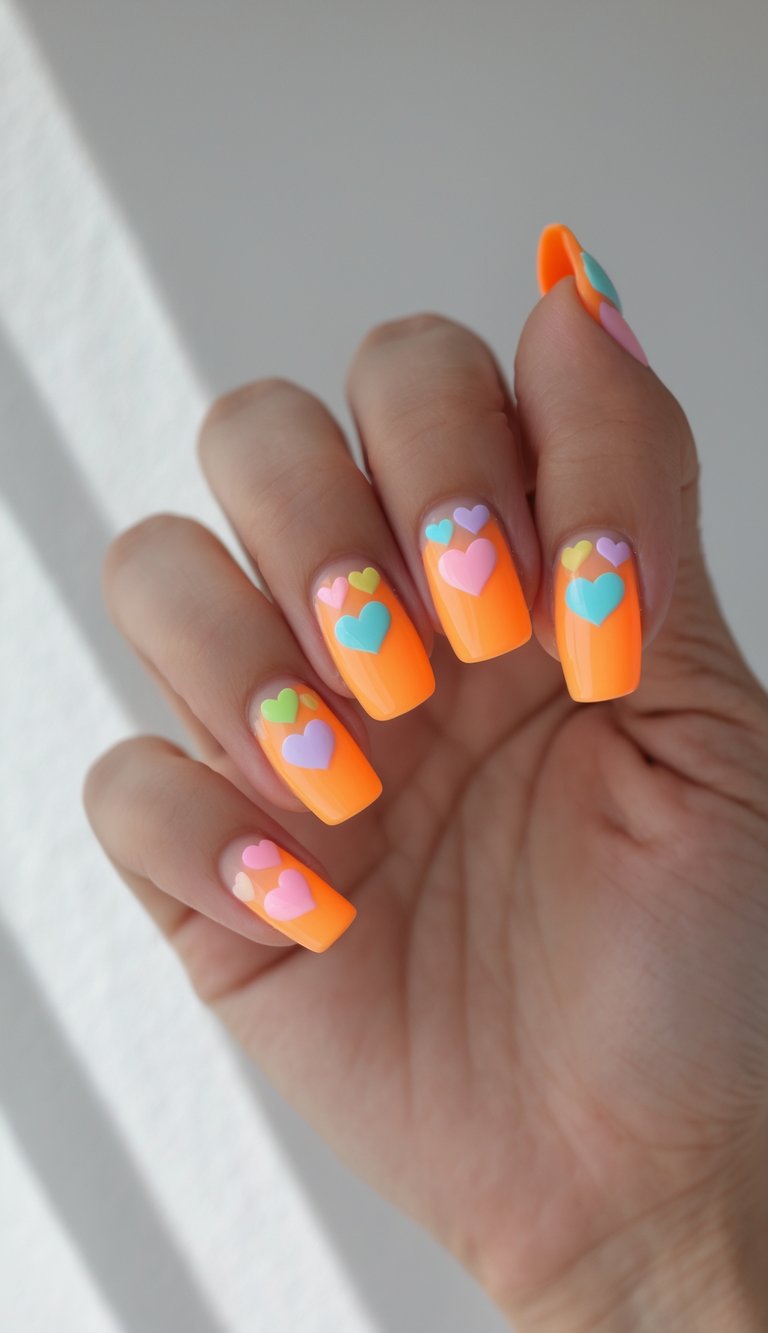 Square-shaped nails with a bright orange base and pastel hearts in playful clusters, a cheerful hearts nail art idea