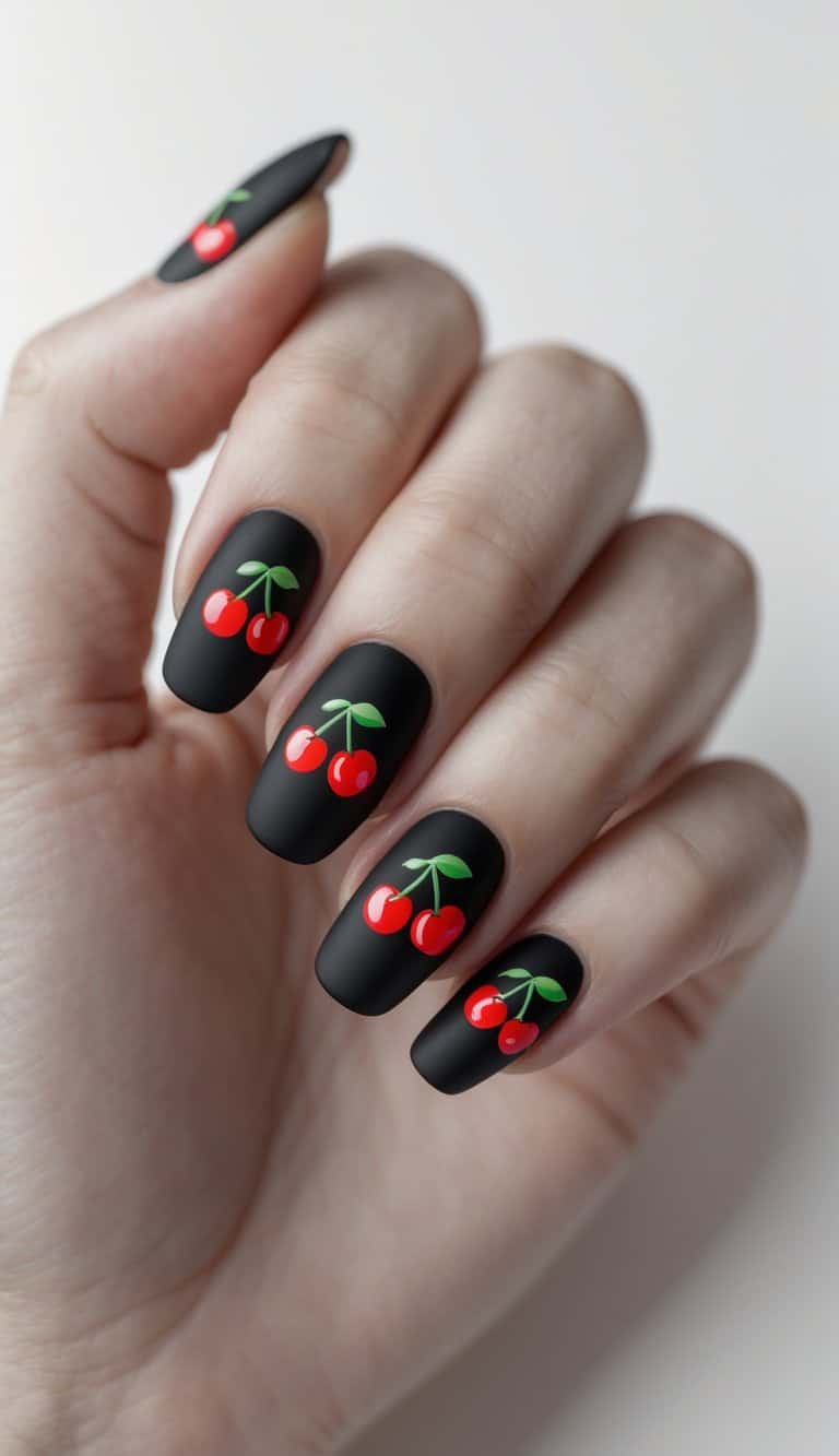 Vivid red cherries on a matte black nail base, offering playful yet bold cherry nail art ideas with clean styling.