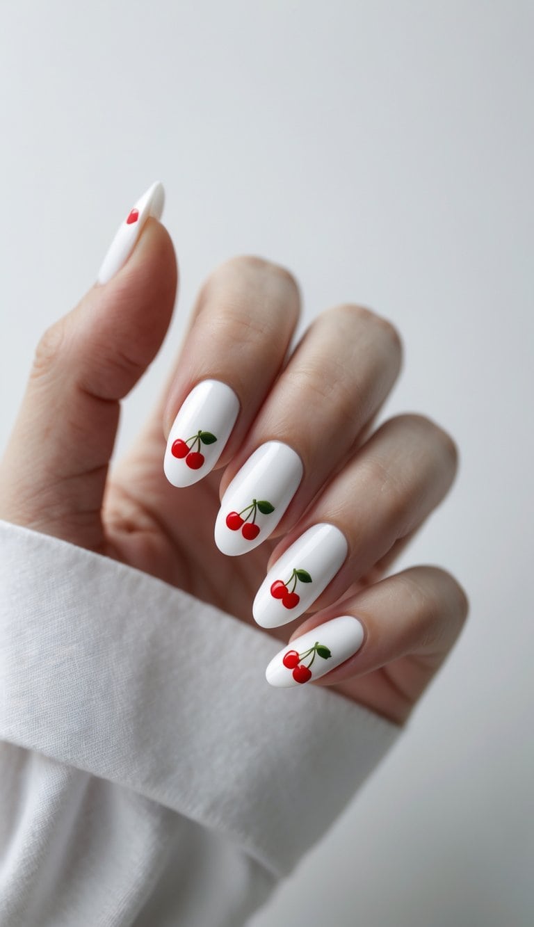 Almond nails painted in white with simple cherry designs, offering clean and charming cherry nail art ideas for a soft style.