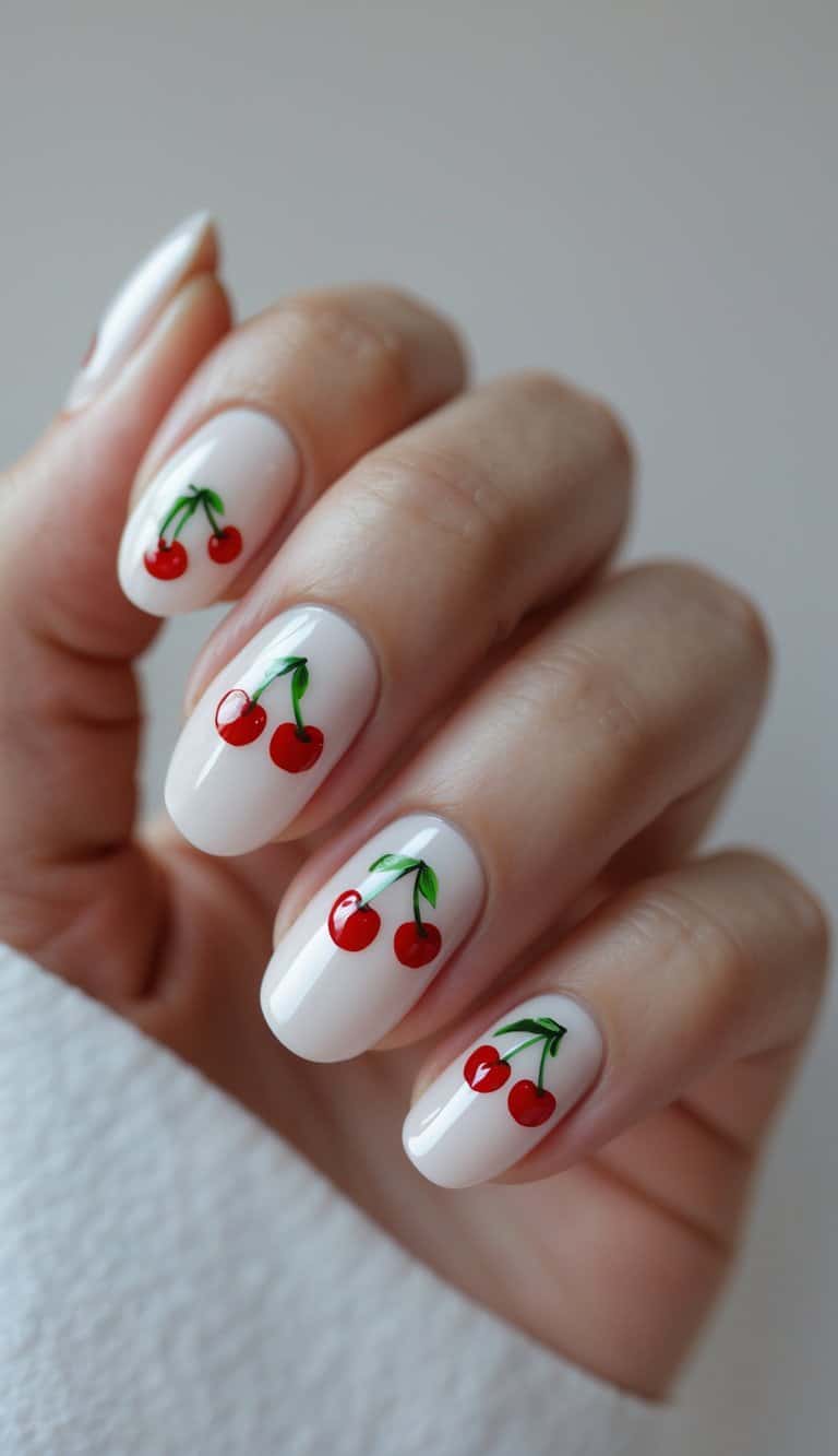 Close-up of a single hand with glossy nails featuring detailed cherry stem designs on a white background.