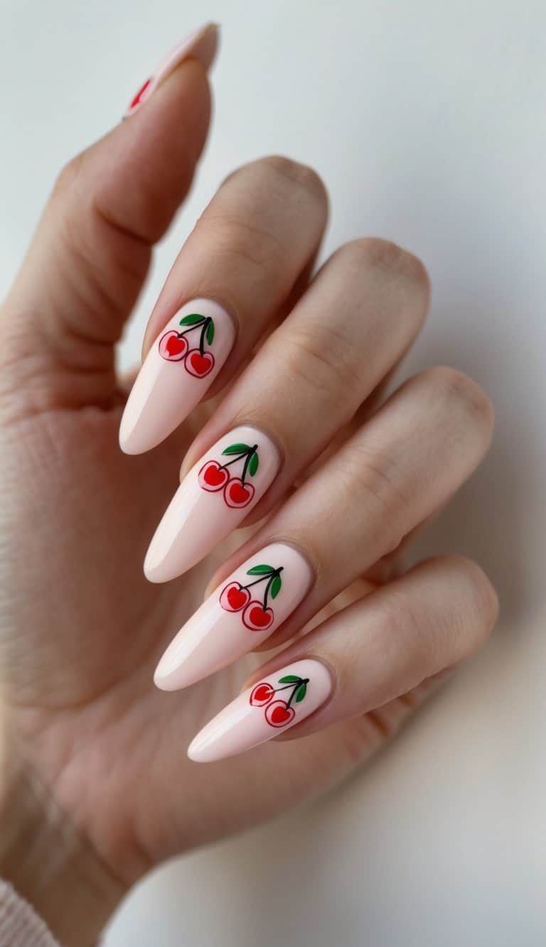 Minimalist nude nails with crisp red cherry accents and green leaves, reflecting clean and modern cherry nail art ideas.
