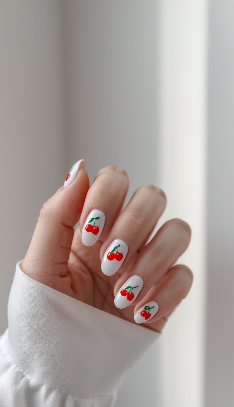 White nails with bright red cherry pairs and green stems, highlighting crisp and minimal cherry nail art ideas with bold contrast.