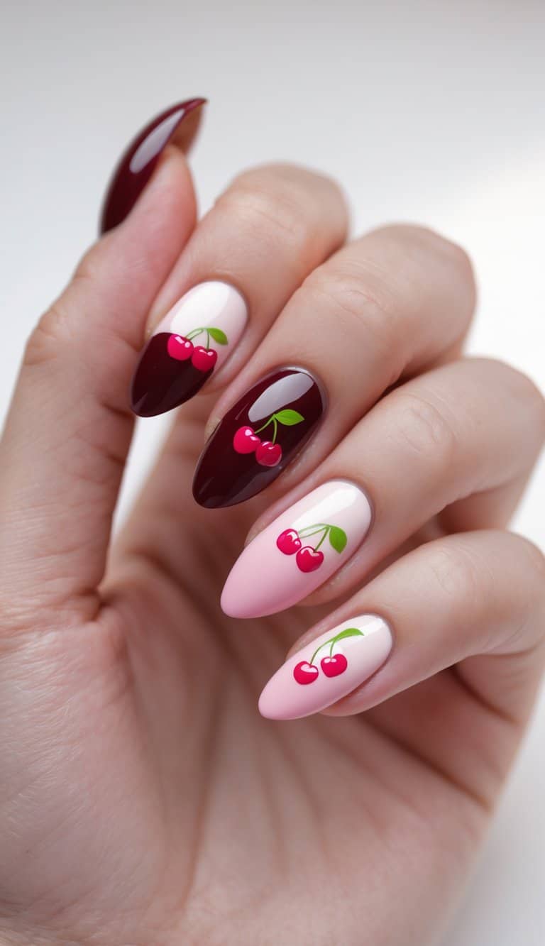 Cherry nail art on alternating wine and nude shades, offering romantic and refined cherry nail art ideas with a polished edge.