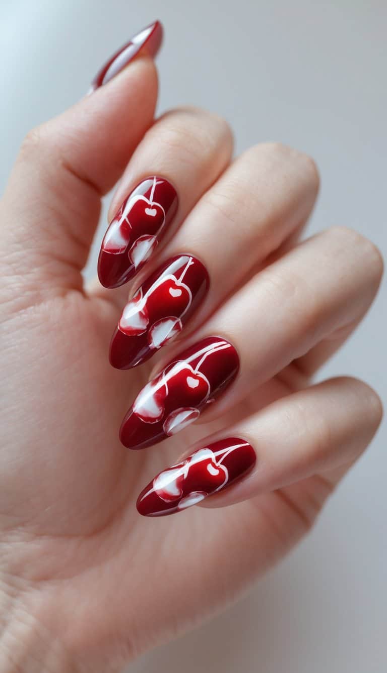 Deep wine red nails with soft white swirls and outlined cherries, offering bold and artistic cherry nail art ideas with a dramatic finish.