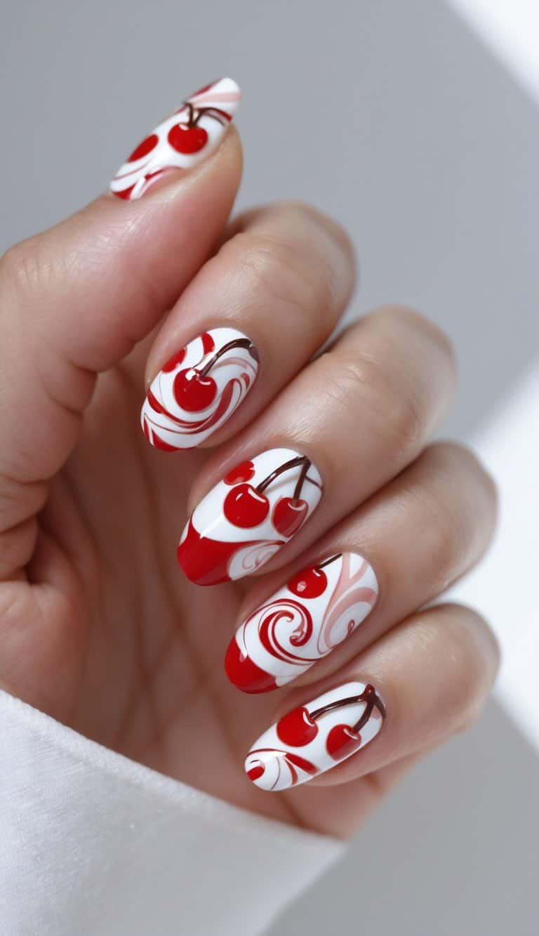 Modern swirl nail art in red and white featuring bold cherries, showcasing graphic and playful cherry nail art ideas with a twist.