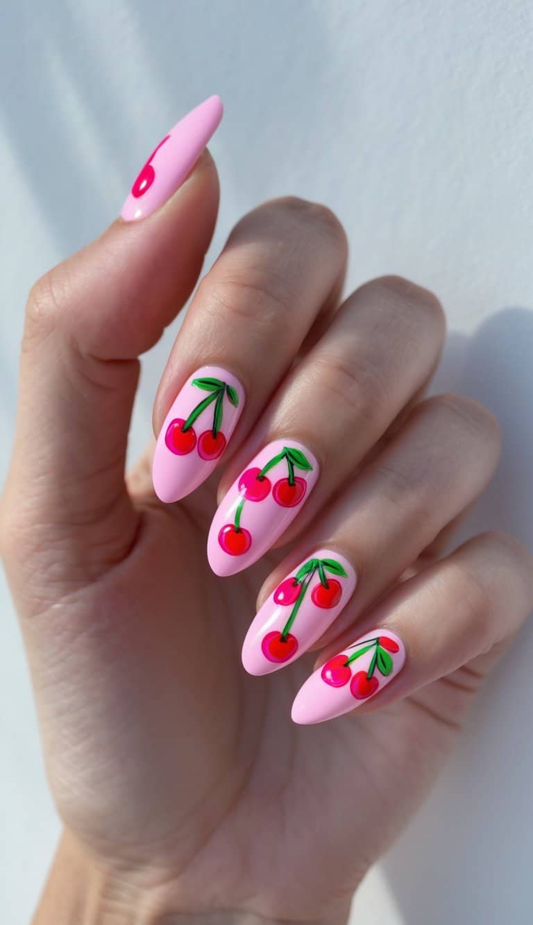 Bright pink nails covered in red cherry clusters and green leaves, showcasing playful and vibrant cherry nail art ideas full of energy.