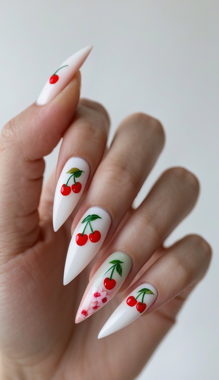 Long white stiletto nails with red cherry art and a small pink floral detail, capturing elegant and fresh cherry nail art ideas with a spring twist.